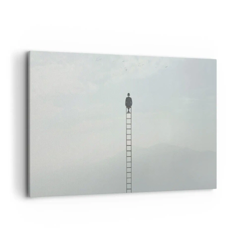 Cuadro sobre lienzo - Impresión de Imagen - Un hombre en una escalera que sube hacia el cielo. - 120x80cm - Hacia lo más alto - Decoración de pared moderna para salón y dormitorio ARTTOR