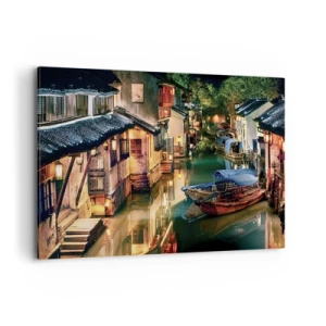 Cuadro sobre lienzo - Impresión de Imagen - Vista nocturna de los canales con barcos y casas tradicionales. - 120x80cm - Noche en una calle china - Decoración de pared moderna para salón y dormitorio ARTTOR