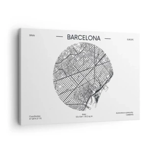 Cuadro sobre lienzo - Impresión de Imagen - Un mapa de Barcelona en estilo minimalista en blanco y negro - 70x50cm - Anatomía de Barcelona - Decoración de pared moderna para salón y dormitorio ARTTOR