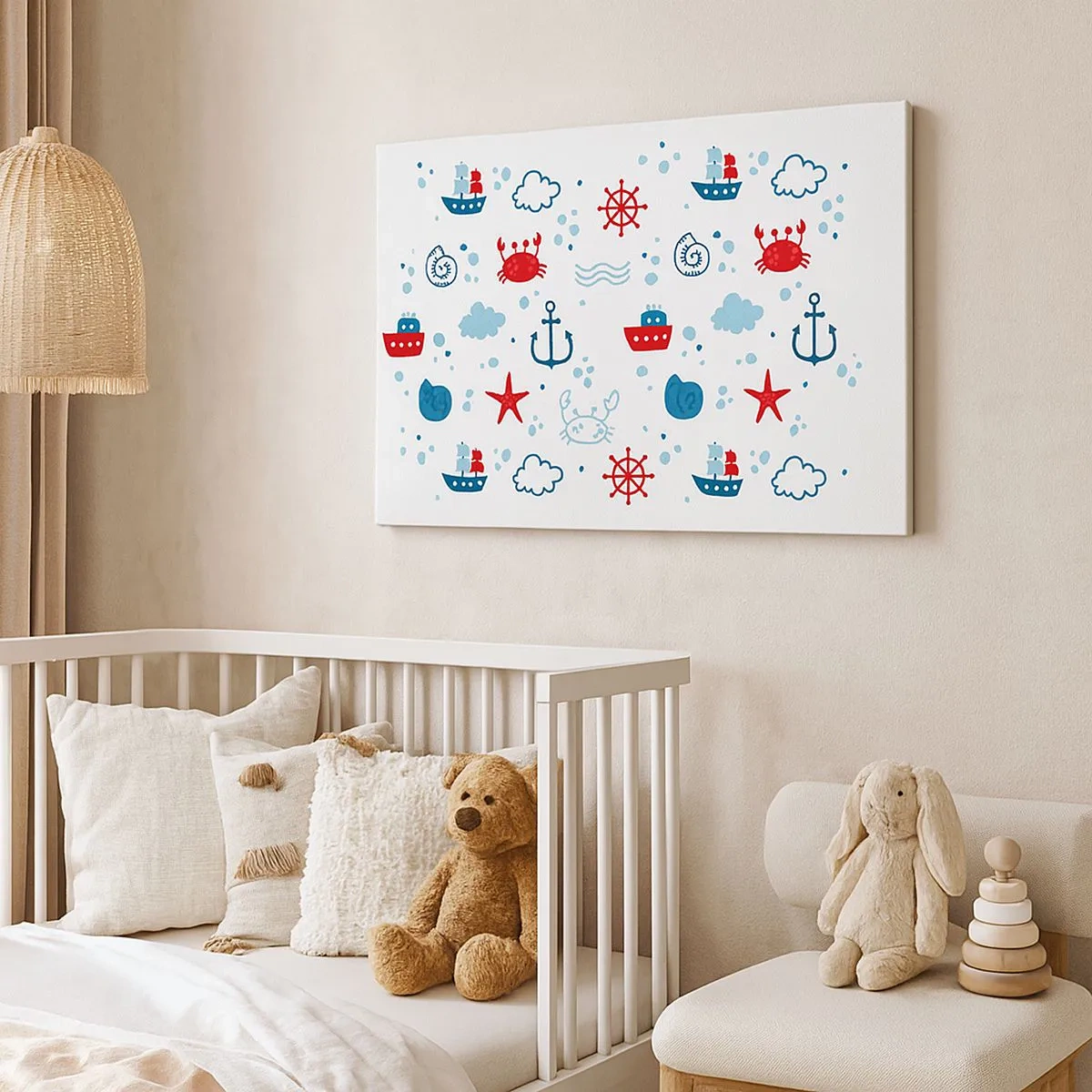 Cuadro sobre lienzo - Impresión de Imagen - Patrón náutico con anclas, barcos y cangrejos. - 70x50cm - Un cuento de mar - Decoración de pared moderna para salón y dormitorio ARTTOR