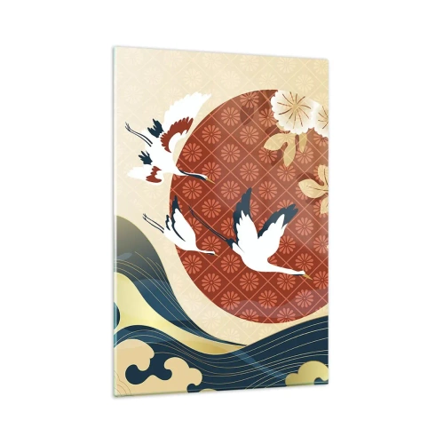 Cuadro sobre vidrio - Impresiones sobre Vidrio - Composición japonesa con grullas y olas. - 80x120cm - Un cuento de hadas japonés - Decoración de pared moderna para salón y dormitorio ARTTOR
