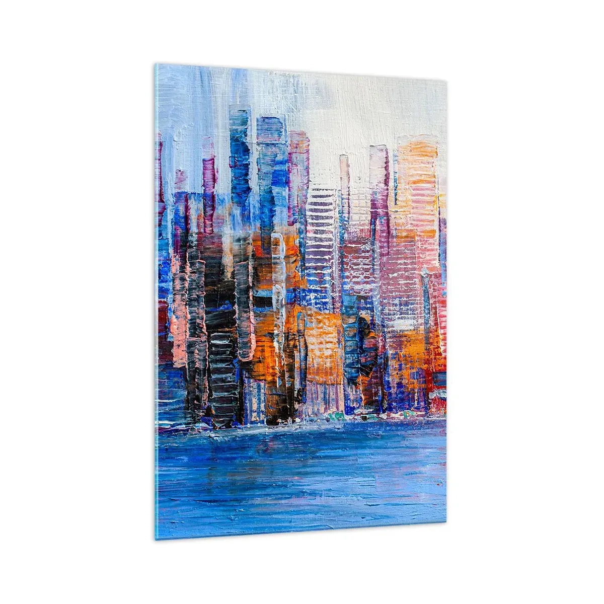 Cuadro sobre vidrio - Impresiones sobre Vidrio - Un panorama colorido de la ciudad con reflejos en el agua. - 70x100cm - Una metrópoli alegre - Decoración de pared moderna para salón y dormitorio ARTTOR
