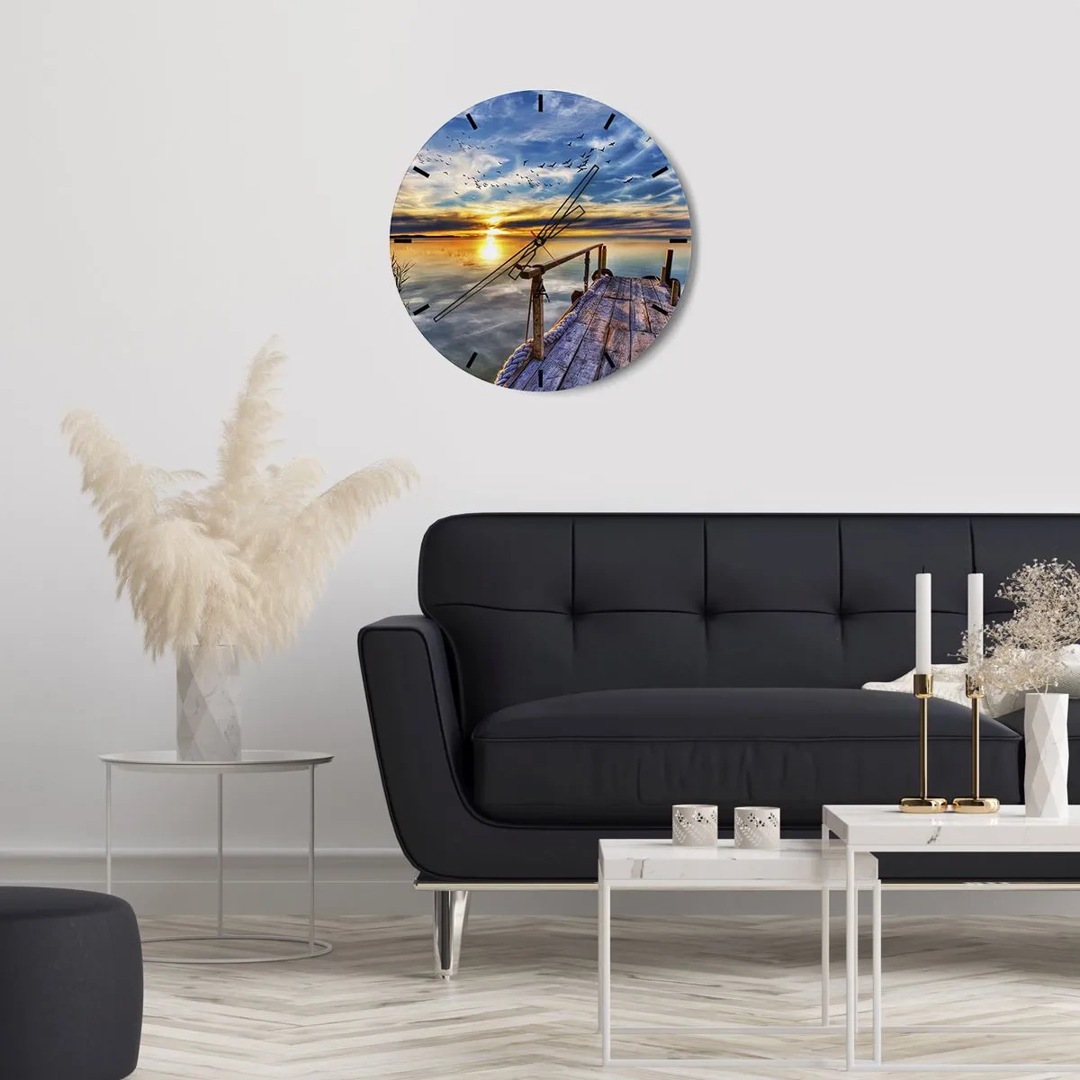 Reloj de pared - Reloj de vidrio - Muelle de madera sobre el lago al atardecer - 30x30cm - El viento se va a descansar - Decoración de pared moderna para salón, cocina y dormitorio ARTTOR