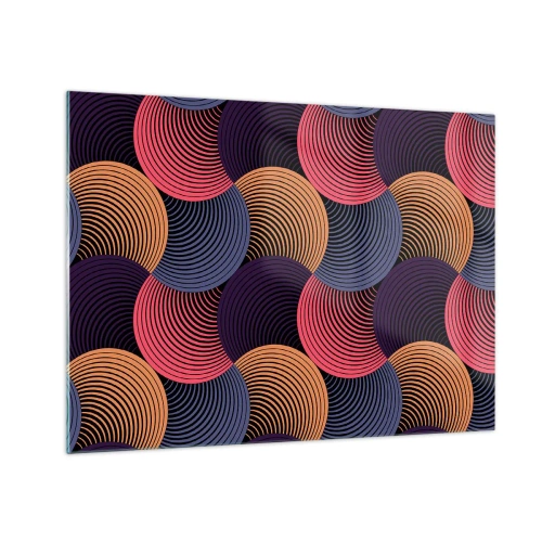 Cuadro sobre vidrio - Impresiones sobre Vidrio - Círculos concéntricos coloridos que forman un patrón geométrico. - 70x50cm - En un ritmo circular - Decoración de pared moderna para salón y dormitorio ARTTOR