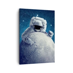 Cuadro sobre lienzo - Impresión de Imagen - Astronauta sosteniendo la luna contra un cielo estrellado - 50x70cm - Bromista espacial - Decoración de pared moderna para salón y dormitorio ARTTOR