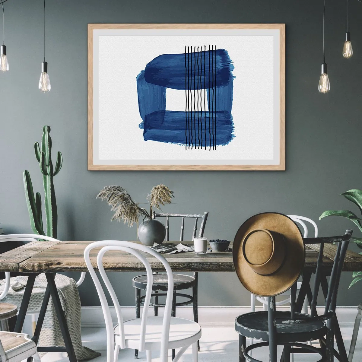 Póster en marco roble claro - Composición azul y negra - 50x40 cm