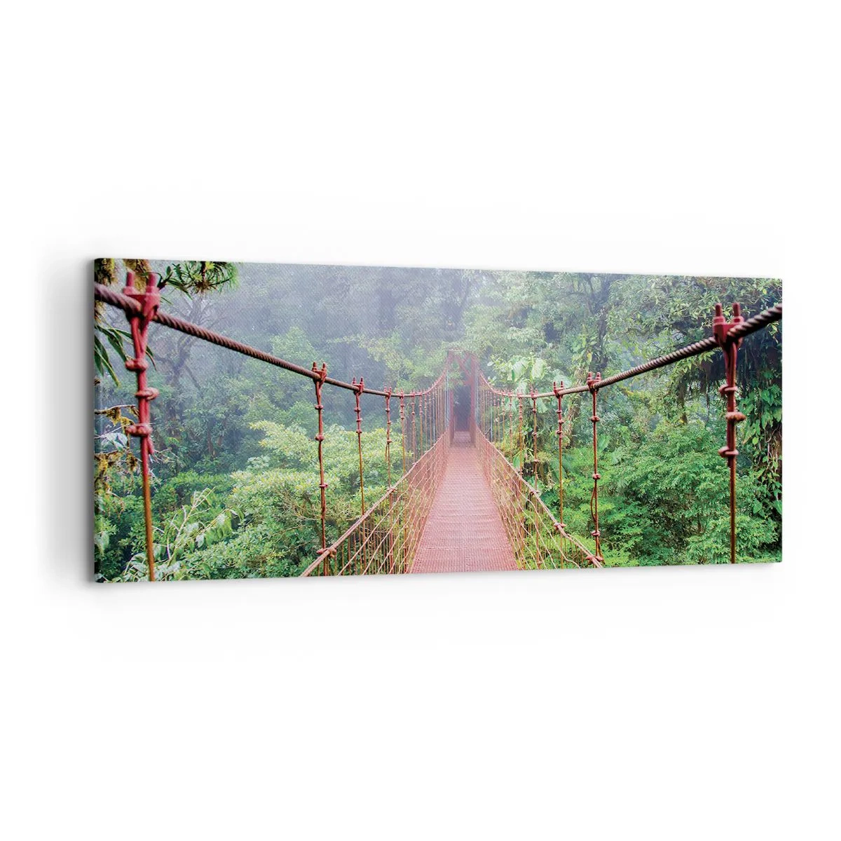 Cuadro sobre lienzo - Impresión de Imagen - Un puente colgante en una selva tropical rodeado de niebla. - 120x50cm - Suspendido sobre las copas - Decoración de pared moderna para salón y dormitorio ARTTOR