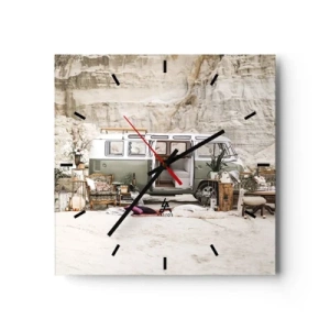 Reloj de pared - Reloj de vidrio - Una caravana retro con diseño boho frente a un paisaje rocoso. - 30x30cm - Hora de empezar el viaje - Decoración de pared moderna para salón y dormitorio ARTTOR