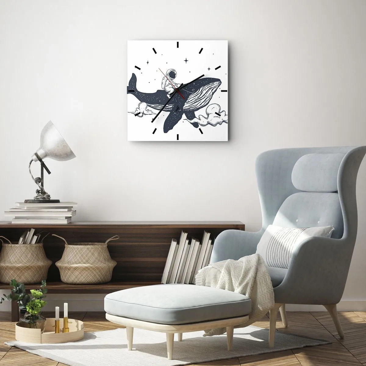 Reloj de pared - Reloj de vidrio - Astronauta en una ballena flotando en el espacio - 30x30cm - Una aventura cósmica - Decoración de pared moderna para salón y dormitorio ARTTOR