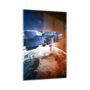 Cuadro sobre vidrio - Impresiones sobre Vidrio - Una nave espacial con un planeta en el espacio como telón de fondo. - 80x120cm - Un observador atento - Decoración de pared moderna para salón y dormitorio ARTTOR