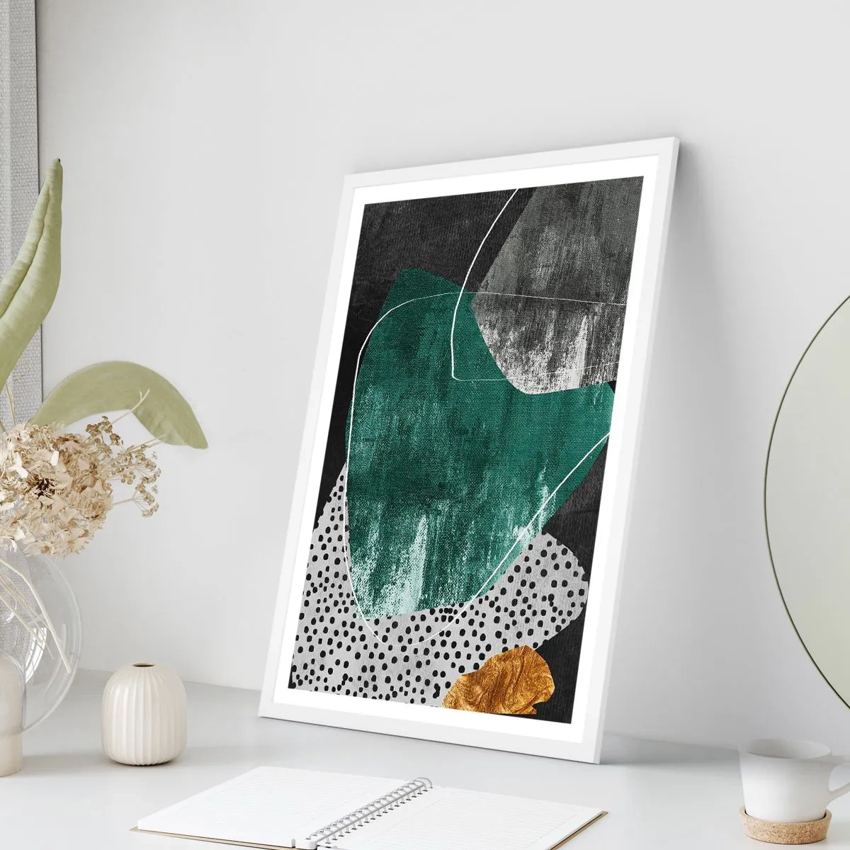 Póster en marco blanco - Abstracción colorista con un copo de oro - 70x100 cm