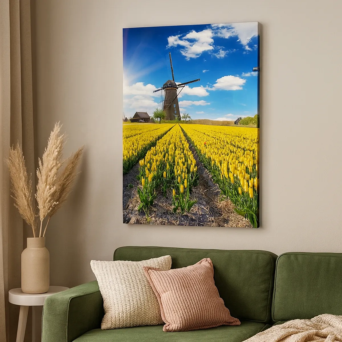 Cuadro sobre lienzo - Impresión de Imagen - Un campo de tulipanes amarillos con molinos de viento en el horizonte. - 50x70cm - No podría ser más holandés - Decoración de pared moderna para salón y dormitorio ARTTOR