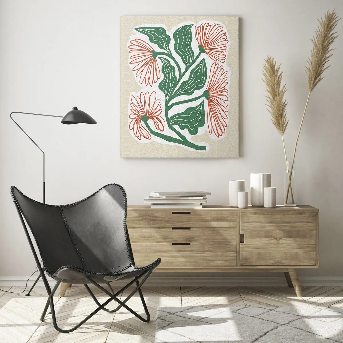 Cuadro sobre vidrio - Impresiones sobre Vidrio - Flores decorativas de estilo popular sobre un fondo claro. - 50x70cm - Folclórico y moderno - Decoración de pared moderna para salón y dormitorio ARTTOR
