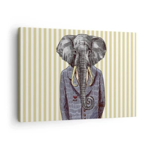 Cuadro sobre lienzo - Impresión de Imagen - Un elefante con traje sobre un fondo de rayas beige. - 70x50cm - Elegante por naturaleza - Decoración de pared moderna para salón y dormitorio ARTTOR