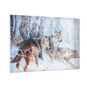Cuadro sobre vidrio - Impresiones sobre Vidrio - Tres lobos en un bosque invernal rodeado de nieve. - 100x70cm - ¡Cuidado! Aquí viene... - Decoración de pared moderna para salón y dormitorio ARTTOR