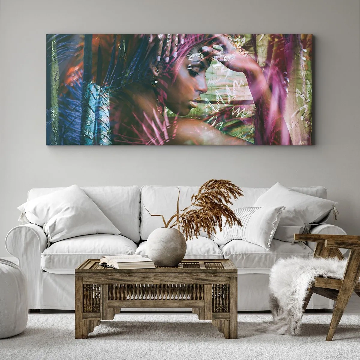 Cuadro sobre lienzo - Impresión de Imagen - Retrato de una mujer rodeada de vegetación exótica. - 120x50cm - La madre naturaleza en la selva - Decoración de pared moderna para salón y dormitorio ARTTOR