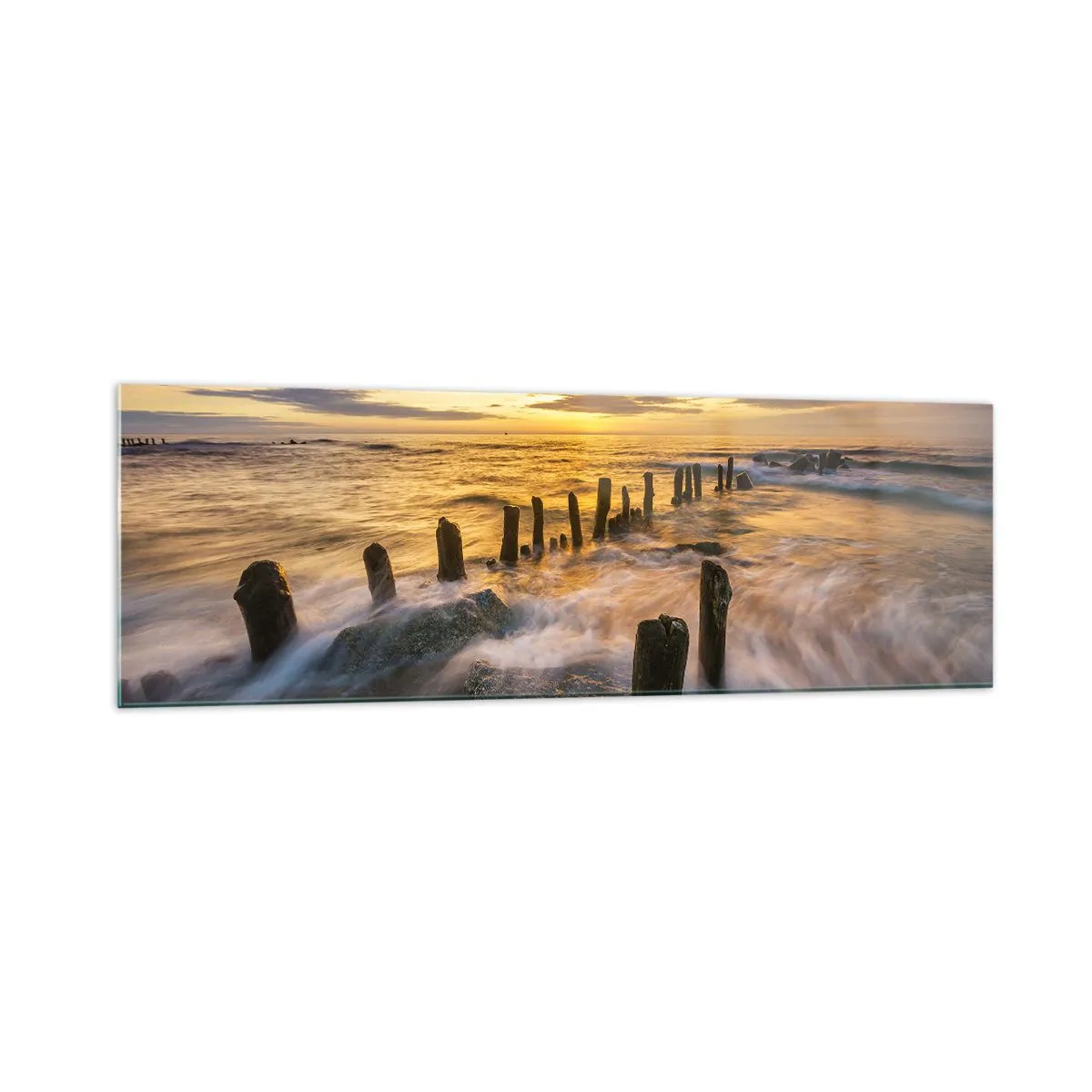 Cuadro sobre vidrio - Impresiones sobre Vidrio - Puesta de sol sobre el mar con los restos de un antiguo muelle - 160x50cm - La cruda belleza del Báltico - Decoración de pared moderna para salón y dormitorio ARTTOR