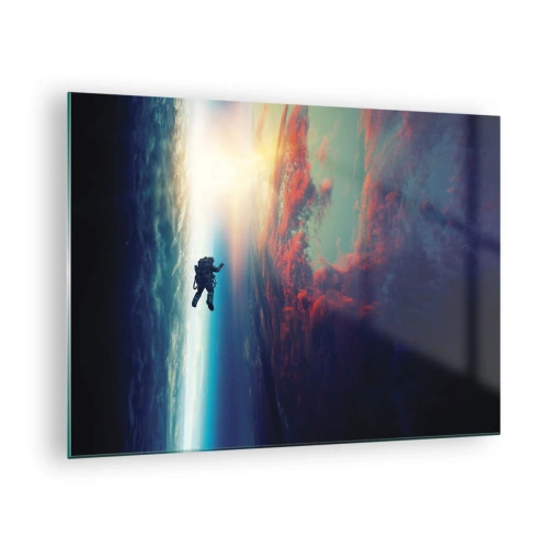 Cuadro sobre vidrio - Impresiones sobre Vidrio - Un astronauta flotando a través del espacio hacia la luz. - 70x50cm - Enfrentarse al universo - Decoración de pared moderna para salón y dormitorio ARTTOR