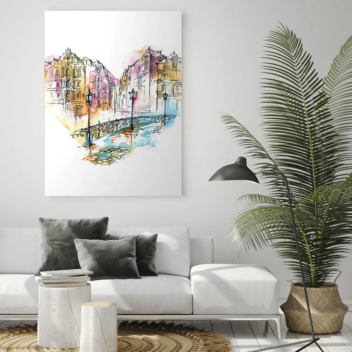 Cuadro sobre vidrio - Impresiones sobre Vidrio - Casas de vecindad románticas con un puente en forma de corazón, acuarela - 50x70cm - El corazón de la ciudad - Decoración de pared moderna para salón y dormitorio ARTTOR