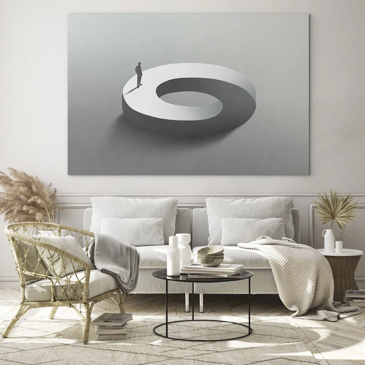 Cuadro sobre vidrio - Impresiones sobre Vidrio - Una silueta minimalista de un hombre sobre un anillo blanco. - 100x70cm - Ser sabio no es una labor sencilla - Decoración de pared moderna para salón y dormitorio ARTTOR