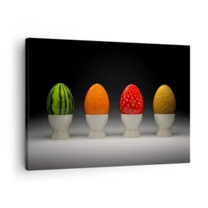 Cuadro sobre lienzo - Impresión de Imagen - Huevos coloridos que se asemejan a frutas sobre un fondo oscuro. - 70x50cm - Desayuno de frutas - Decoración de pared moderna para salón y dormitorio ARTTOR