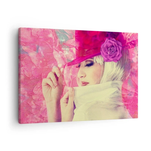 Cuadro sobre lienzo - Impresión de Imagen - Mujer elegante con un sombrero rosa y una flor. - 70x50cm - Retrato retro en rosa - Decoración de pared moderna para salón y dormitorio ARTTOR