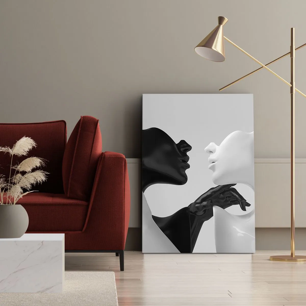 Cuadro sobre lienzo - Impresión de Imagen - Siluetas en blanco y negro en primer plano dinámico - 50x70cm - Atracción - deseo - Decoración de pared moderna para salón y dormitorio ARTTOR
