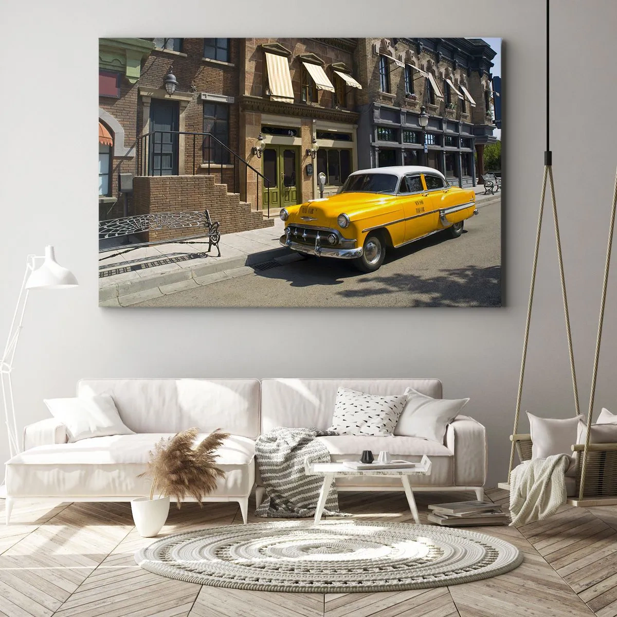 Cuadro sobre lienzo - Impresión de Imagen - Un taxi amarillo en una calle bordeada de casas de vecindad. - 70x50cm - Érase una vez en América - Decoración de pared moderna para salón y dormitorio ARTTOR
