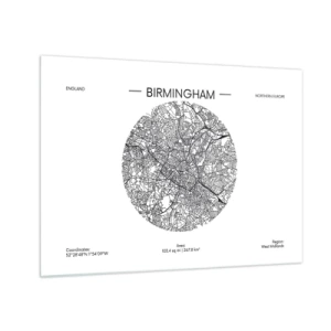 Cuadro sobre vidrio - Impresiones sobre Vidrio - Mapa en blanco y negro de Birmingham en un estilo gráfico moderno - 70x50cm - Anatomía de Birmingham - Decoración de pared moderna para salón y dormitorio ARTTOR