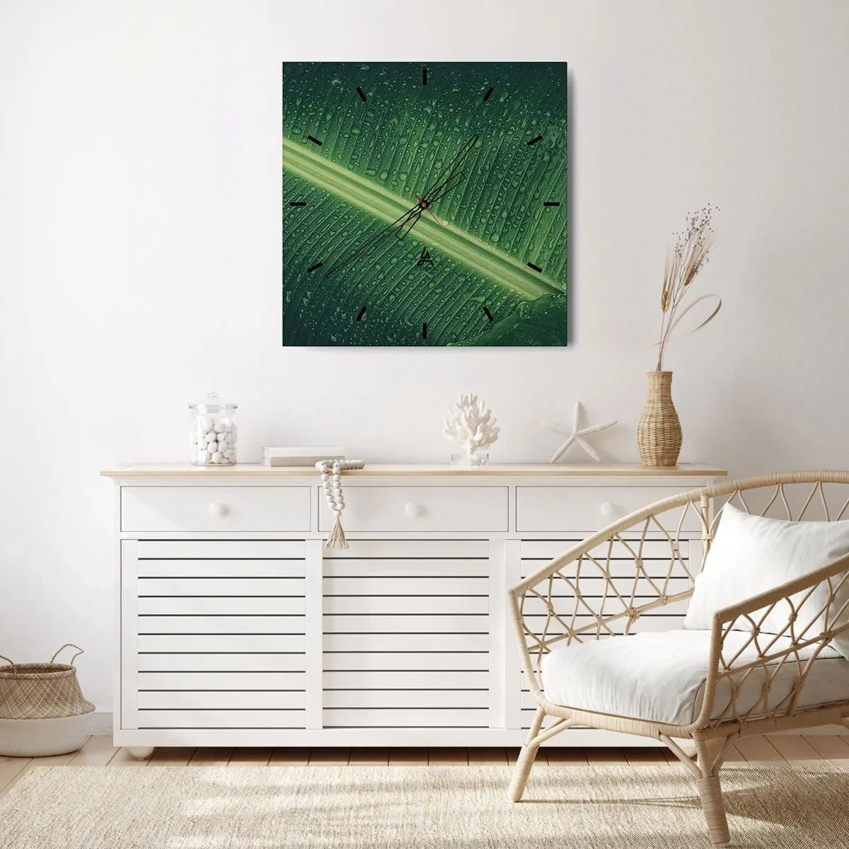 Reloj de pared - Reloj de vidrio - Una hoja verde con gotas de agua en su superficie. - 30x30cm - Estructura del verde - Decoración de pared moderna para salón y dormitorio ARTTOR