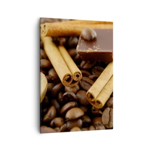 Cuadro sobre lienzo - Impresión de Imagen - Granos de café con ramas de canela, chocolate y nueces. - 50x70cm - Concierto de aromas - Decoración de pared moderna para salón y dormitorio ARTTOR