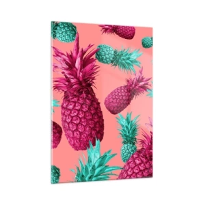 Cuadro sobre vidrio - Impresiones sobre Vidrio - Piñas de colores en tonos rosa y verde sobre un fondo rosa. - 50x70cm - La libertad es dulce - Decoración de pared moderna para salón y dormitorio ARTTOR