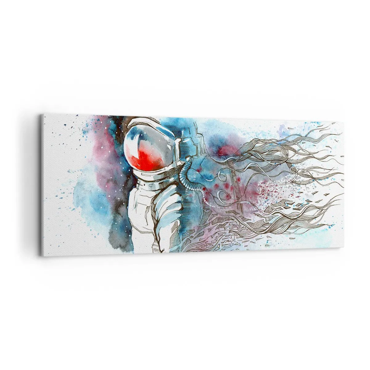 Cuadro sobre lienzo - Impresión de Imagen - Un cosmonauta en una acuarela dinámica con detalles cósmicos. - 120x50cm - A solas con el cosmos - Decoración de pared moderna para salón y dormitorio ARTTOR