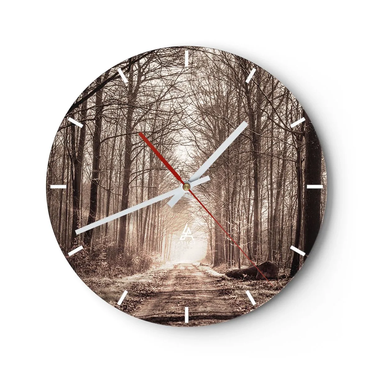 Reloj de pared - Reloj de vidrio - Una avenida de árboles en un paisaje otoñal con perspectiva hacia las profundidades. - 30x30cm - La catedral del bosque - Decoración de pared moderna para salón, cocina y dormitorio ARTTOR