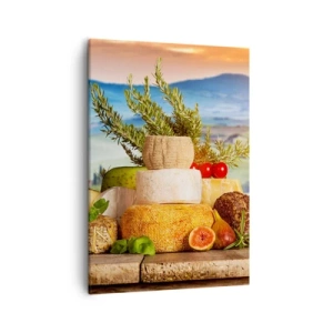Cuadro sobre lienzo - Impresión de Imagen - Una composición de quesos y frutas con el paisaje toscano como telón de fondo. - 50x70cm - La alegría de vivir italiana - Decoración de pared moderna para salón y dormitorio ARTTOR