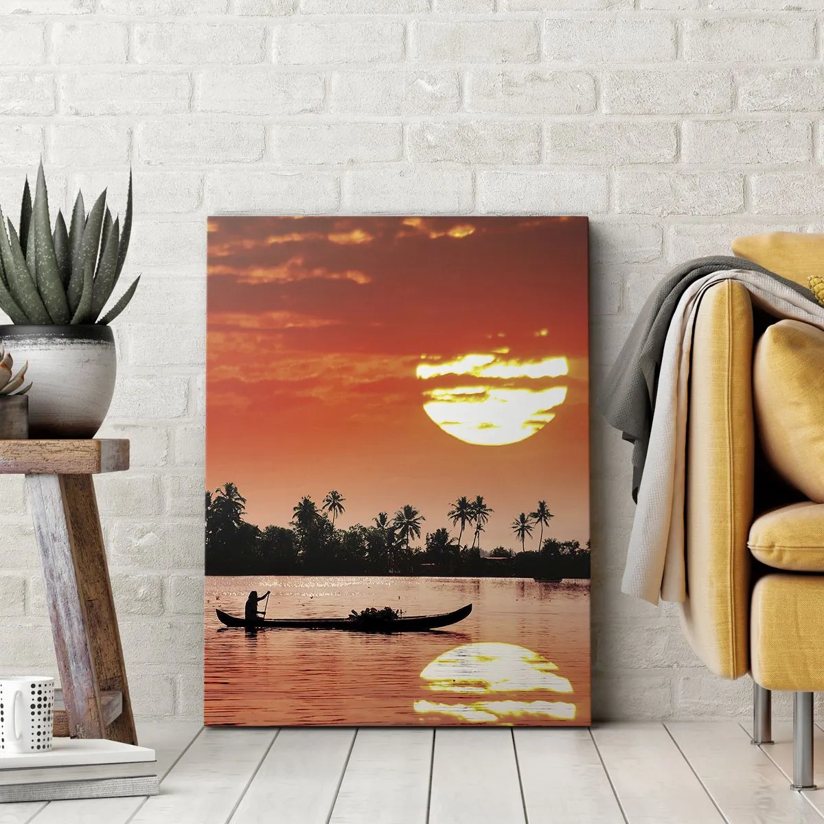Cuadro sobre lienzo - Impresión de Imagen - Atardecer tropical con un barco y palmeras al fondo - 50x70cm - La paz de los trópicos al atardecer - Decoración de pared moderna para salón y dormitorio ARTTOR