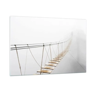 Cuadro sobre vidrio - Impresiones sobre Vidrio - Un puente colgante en la niebla que conduce a lo desconocido. - 120x80cm - ¿Adónde le llevará? - Decoración de pared moderna para salón y dormitorio ARTTOR