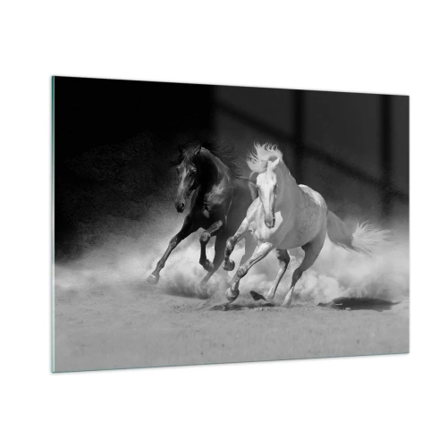 Cuadro sobre vidrio - Impresiones sobre Vidrio - Caballos corriendo en blanco y negro - 100x70cm - El galope de la libertad - Decoración de pared moderna para salón y dormitorio ARTTOR