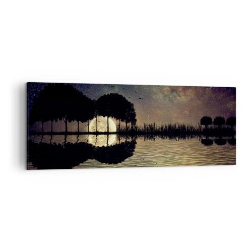 Cuadro sobre lienzo - Impresión de Imagen - Una noche mágica con árboles y la luna reflejada en el agua. - 140x50cm - Noche en el fin del mundo - Decoración de pared moderna para salón y dormitorio ARTTOR