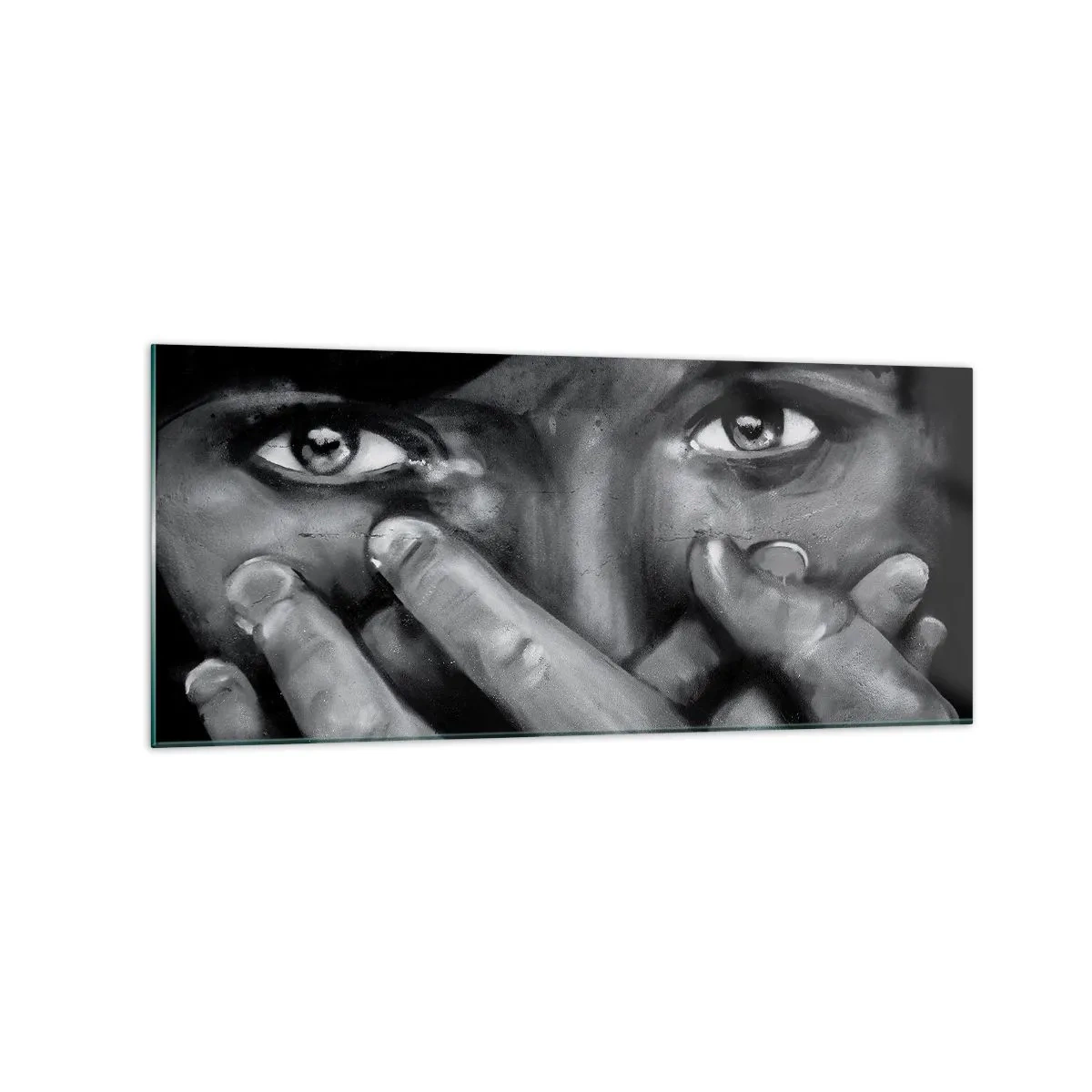 Cuadro sobre vidrio - Impresiones sobre Vidrio - Retrato en blanco y negro de una mujer cubriéndose la cara con las manos. - 120x50cm - No diré quién lo pintó - Decoración de pared moderna para salón y dormitorio ARTTOR