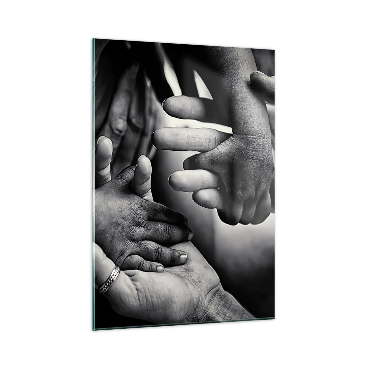 Cuadro sobre vidrio - Impresiones sobre Vidrio - Apretón de manos simbólico en blanco y negro de diferentes generaciones - 50x70cm - Ser humano - Decoración de pared moderna para salón y dormitorio ARTTOR