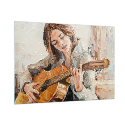 Cuadro sobre vidrio - Impresiones sobre Vidrio - Una niña tocando la guitarra en estilo impresionista. - 100x70cm - Concierto de guitarra y corazón joven - Decoración de pared moderna para salón y dormitorio ARTTOR