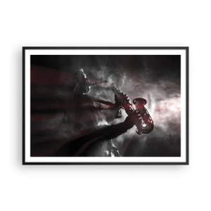 Póster en marco negro - Saxofonista en humo en el escenario en negro y rojo atmosférico - 100x70cm - En el vapor del jazz - Decoración de pared moderna para salón y dormitorio ARTTOR