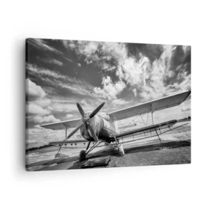 Cuadro sobre lienzo - Impresión de Imagen - Un avión antiguo en el aeropuerto en blanco y negro. - 70x50cm - No puedo esperar - Decoración de pared moderna para salón y dormitorio ARTTOR