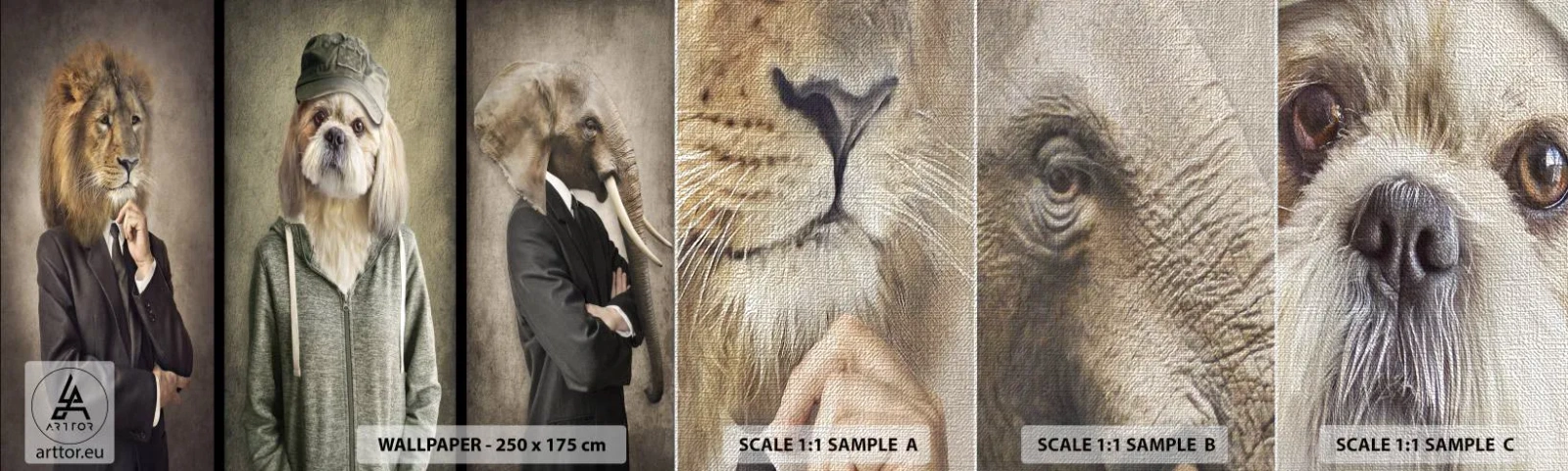 Muestra de fotomural Premium Canvas - Prefiero tomármelo con calma - Abstracción, León, Perro - 100x30 cm