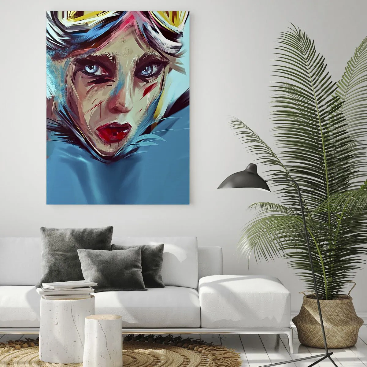 Cuadro sobre vidrio - Impresiones sobre Vidrio - Retrato de una mujer en colores dinámicos y estilo abstracto. - 70x100cm - Guerrera colorida - Decoración de pared moderna para salón y dormitorio ARTTOR