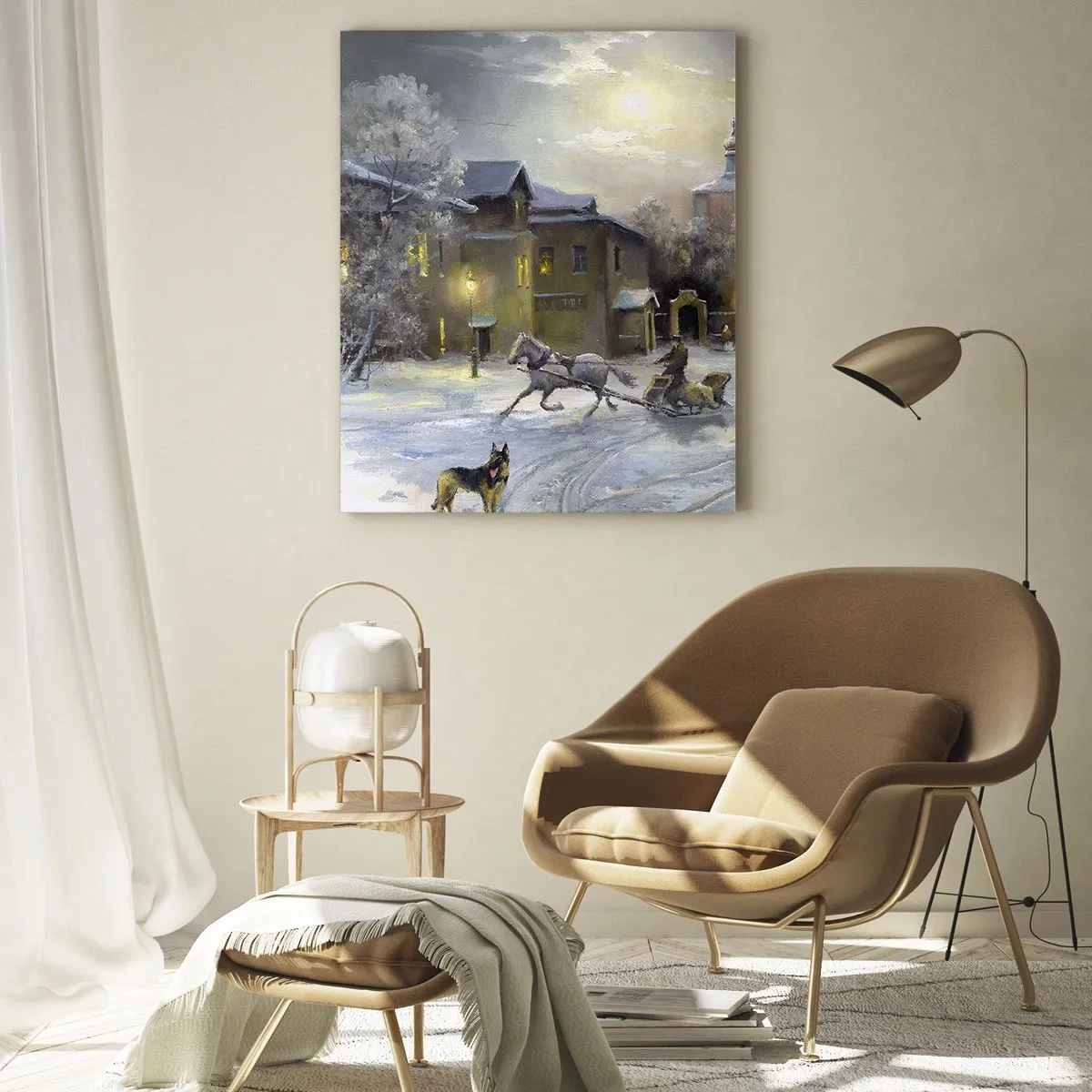 Cuadro sobre vidrio - Impresiones sobre Vidrio - Paisaje invernal en un pueblo ruso con un trineo y una iglesia. - 70x100cm - La magia de un invierno ruso - Decoración de pared moderna para salón y dormitorio ARTTOR