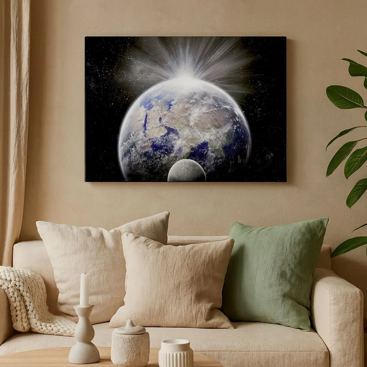 Cuadro sobre lienzo - Impresión de Imagen - La Tierra y la Luna iluminadas por el resplandor del espacio. - 70x50cm - En todo su esplendor - Decoración de pared moderna para salón y dormitorio ARTTOR