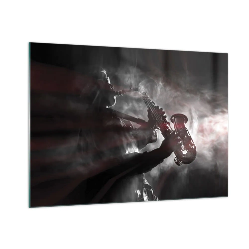 Cuadro sobre vidrio - Impresiones sobre Vidrio - Saxofonista en una nube de humo en blanco y negro - 100x70cm - En el vapor del jazz - Decoración de pared moderna para salón y dormitorio ARTTOR
