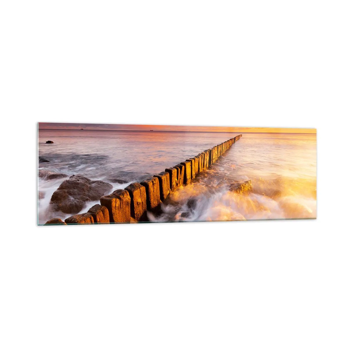 Cuadro sobre vidrio - Impresiones sobre Vidrio - Un paisaje pintoresco junto al mar al atardecer. - 160x50cm - La dulzura de las olas - Decoración de pared moderna para salón y dormitorio ARTTOR